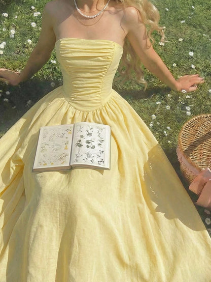 Skyraze Women's Strapless Pale Yellow Dress,Cottage Core Summer Holiday Picnic Sundress,Elegant Ruched Slit Corset Design Waist Cinched Long Party Dress
