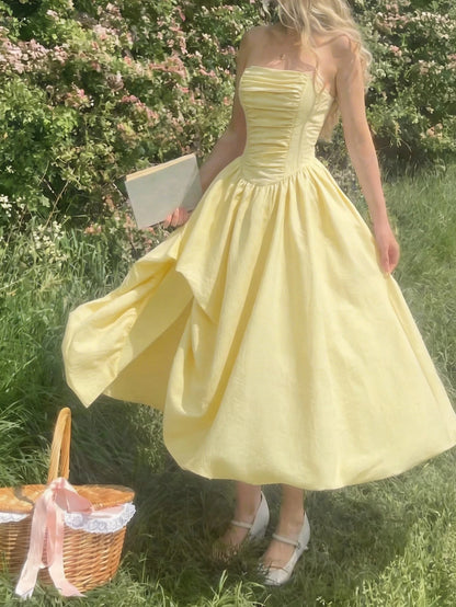 Skyraze Women's Strapless Pale Yellow Dress,Cottage Core Summer Holiday Picnic Sundress,Elegant Ruched Slit Corset Design Waist Cinched Long Party Dress