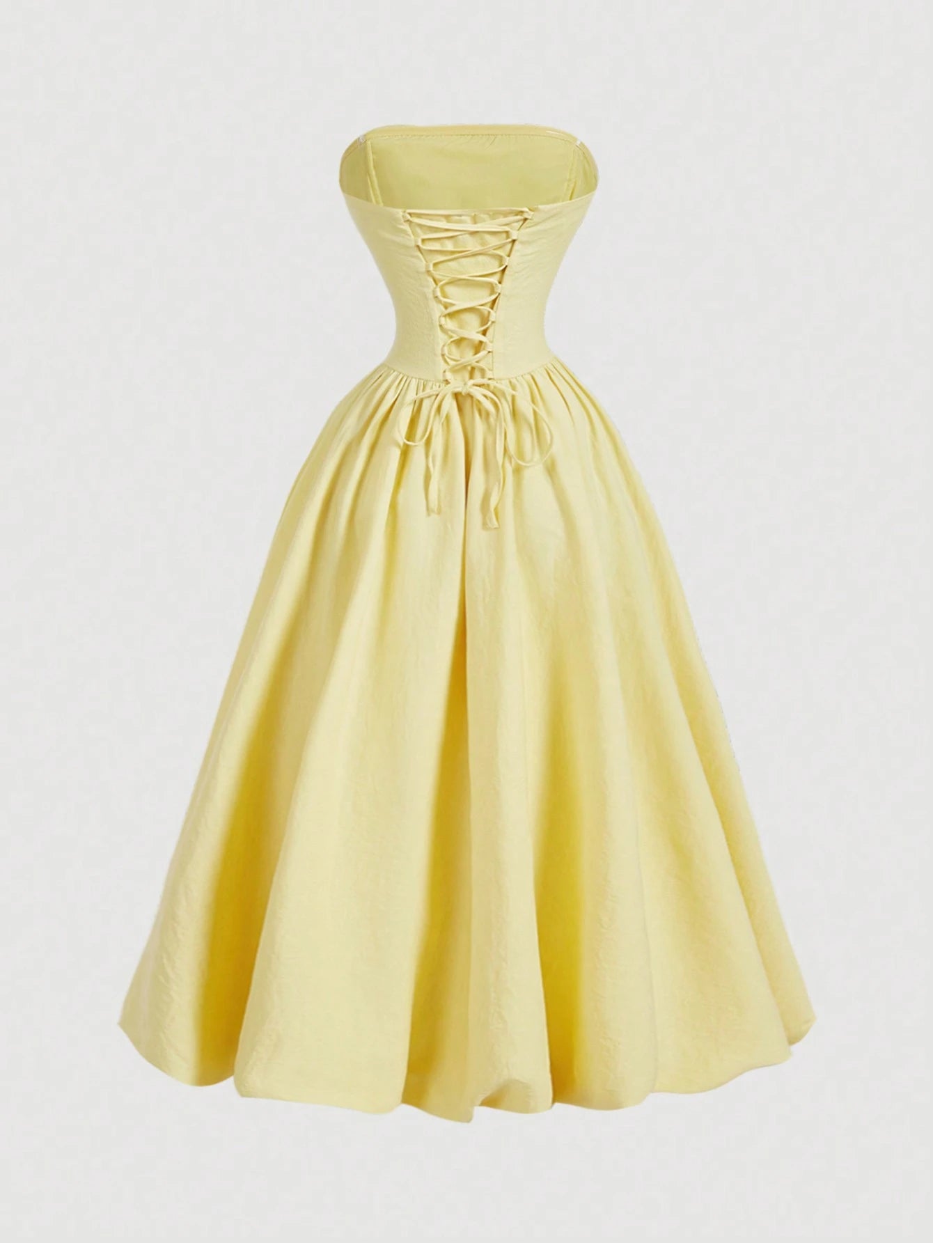 Skyraze Women's Strapless Pale Yellow Dress,Cottage Core Summer Holiday Picnic Sundress,Elegant Ruched Slit Corset Design Waist Cinched Long Party Dress