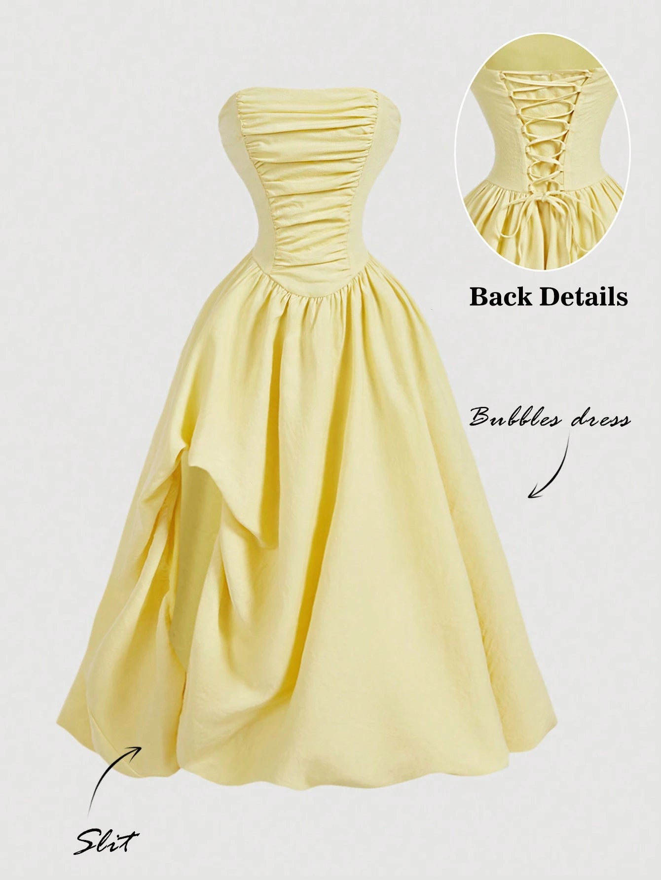 Skyraze Women's Strapless Pale Yellow Dress,Cottage Core Summer Holiday Picnic Sundress,Elegant Ruched Slit Corset Design Waist Cinched Long Party Dress