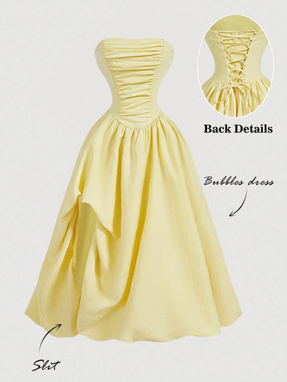Skyraze Women's Strapless Pale Yellow Dress,Cottage Core Summer Holiday Picnic Sundress,Elegant Ruched Slit Corset Design Waist Cinched Long Party Dress