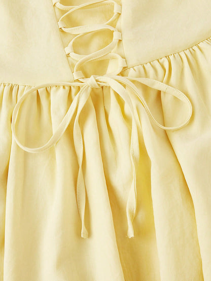 Skyraze Women's Strapless Pale Yellow Dress,Cottage Core Summer Holiday Picnic Sundress,Elegant Ruched Slit Corset Design Waist Cinched Long Party Dress