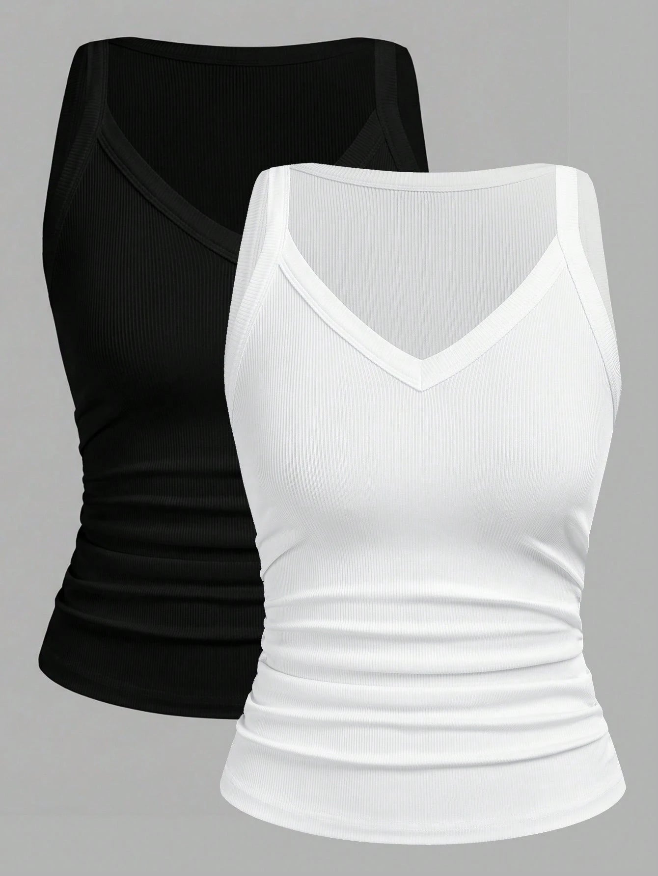 Slaydiva 2 Packs Black & White Fitted V-Neck Plus Size Women's Cami Top, Casual Minimalist Everyday Versatile All-Match, Beach, Vacation, Women's Summer, Commute Streetwear