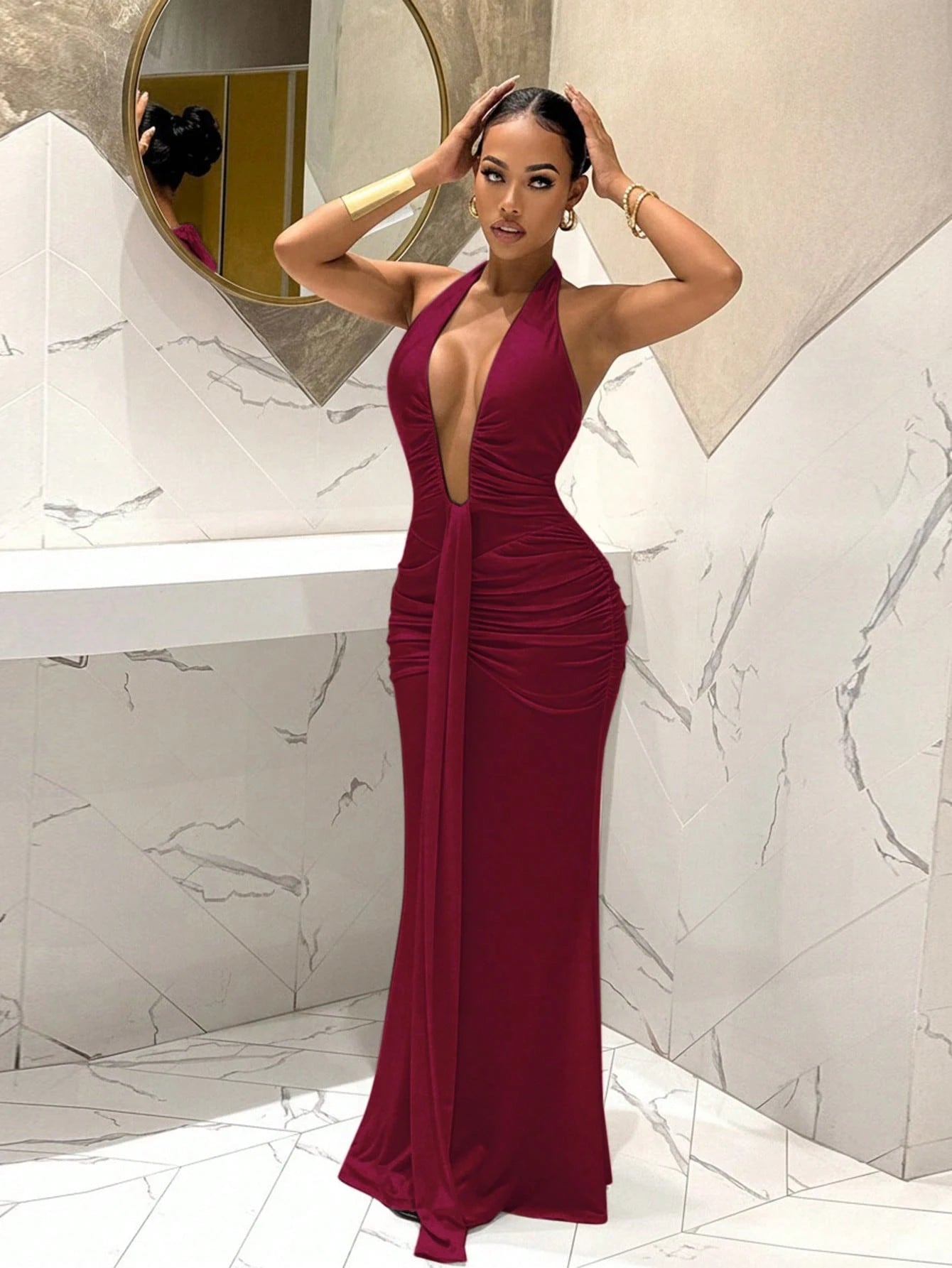 Slaydiva 2025 New Elegant Deep V-Neck Mermaid Dress, Suitable For Party, Birthday, Bar, Nightclub, Valentine's Day, Halloween, Christmas- Brown,Wedding Guest Dress Women