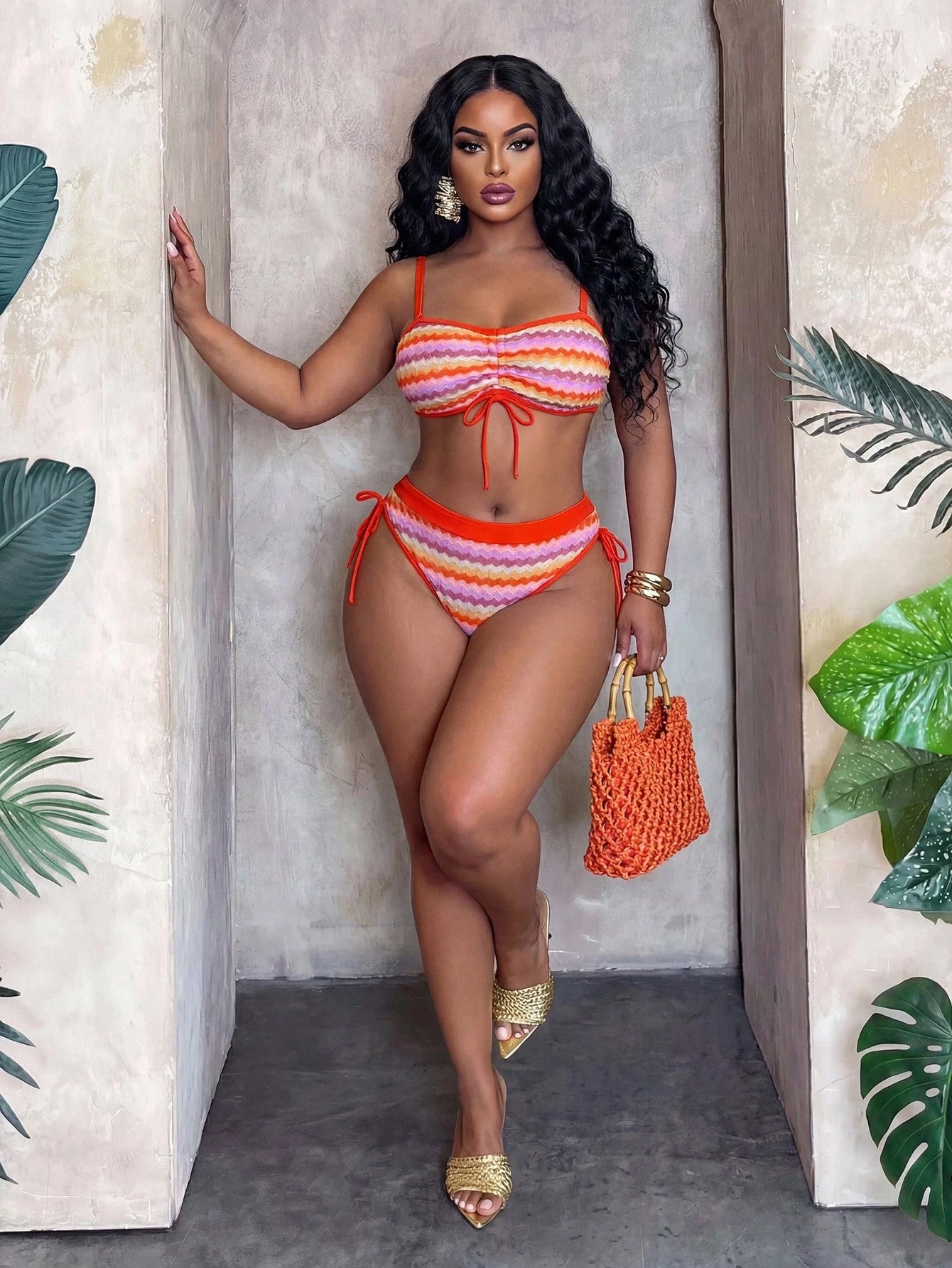 Slaydiva 2026 New Multicolor Patchwork Special Fabric Fashionable Minimalist Plus Size Swimwear Set