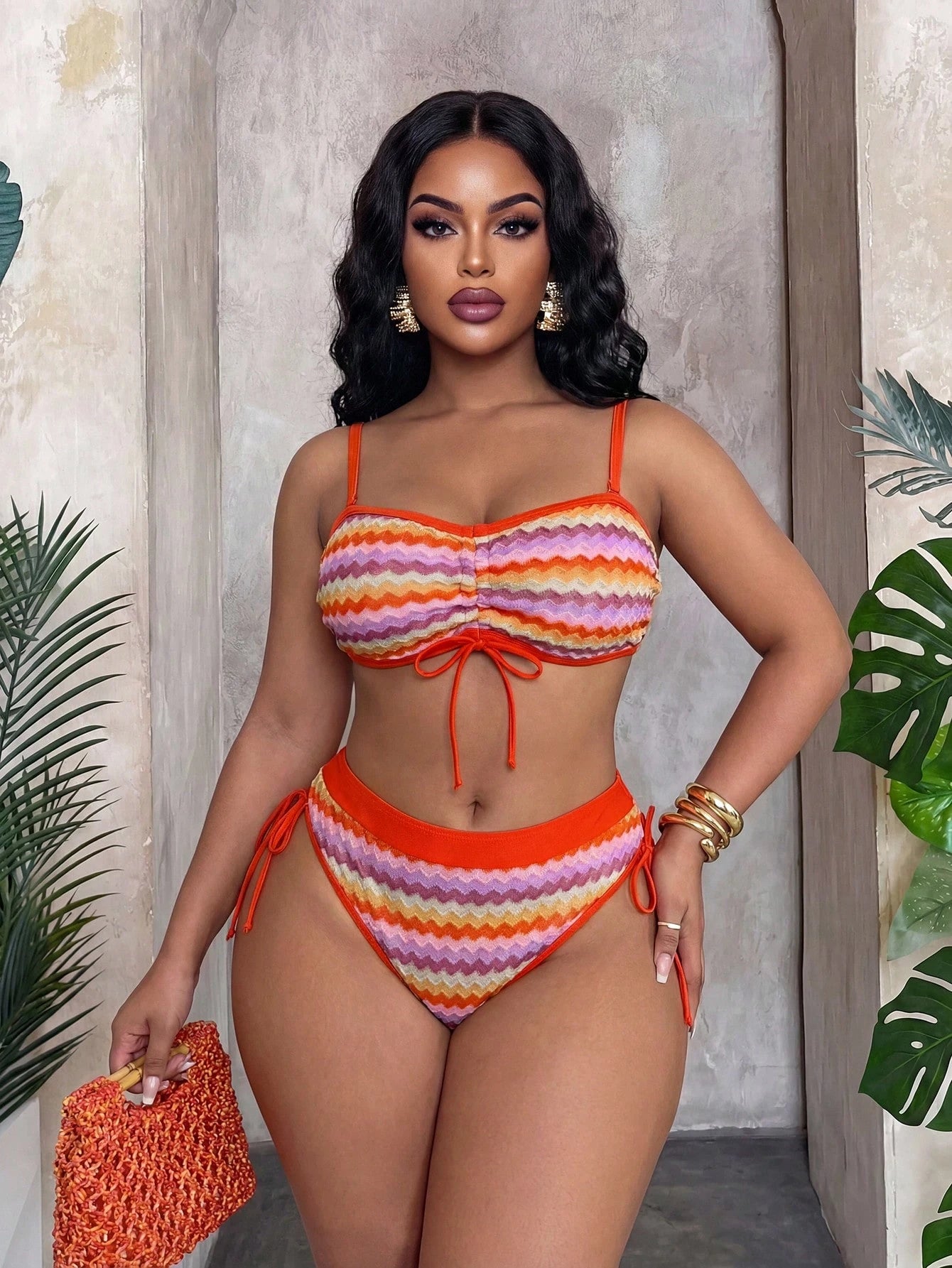 Slaydiva 2026 New Multicolor Patchwork Special Fabric Fashionable Minimalist Plus Size Swimwear Set