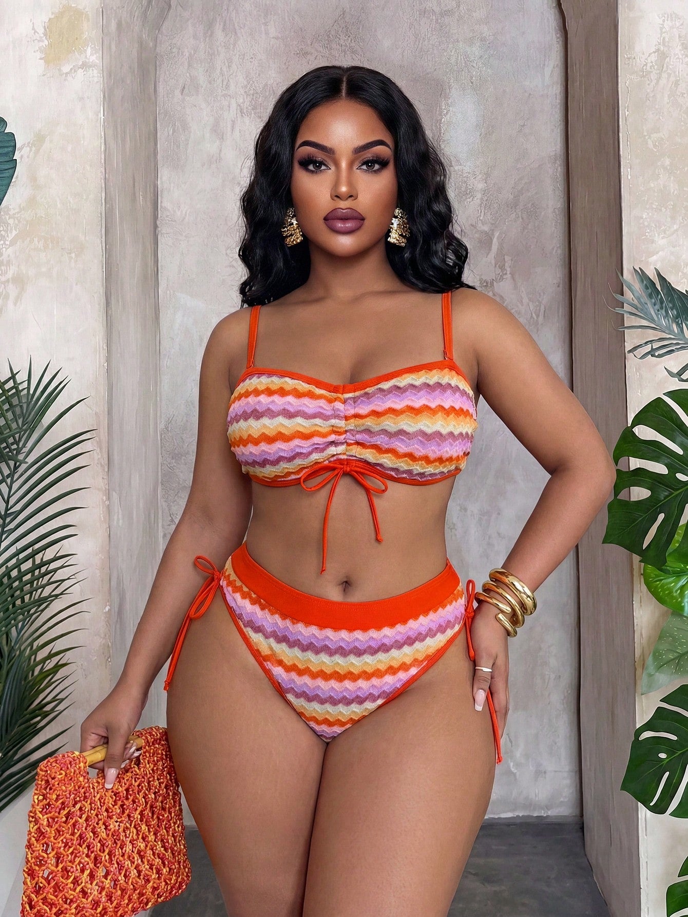 Slaydiva 2026 New Multicolor Patchwork Special Fabric Fashionable Minimalist Plus Size Swimwear Set