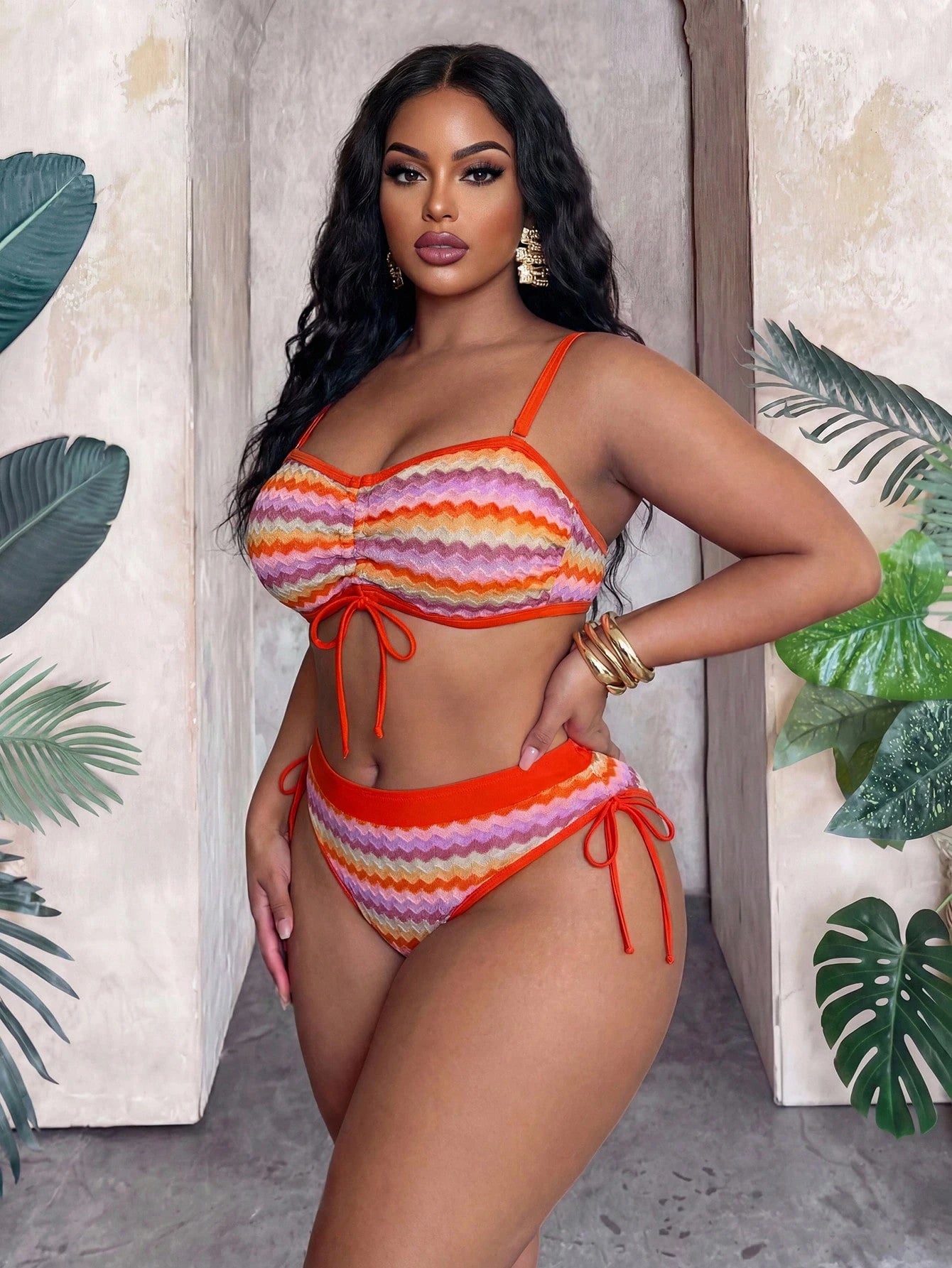 Slaydiva 2026 New Multicolor Patchwork Special Fabric Fashionable Minimalist Plus Size Swimwear Set