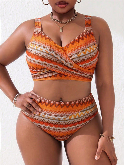 Slaydiva 2026 New Plus Size Women 2-Piece Print Patchwork Ruched Camisole Separates Swimsuit Set, Summer Beach Vacation, Boho Women's Beach Swimwear, Orange