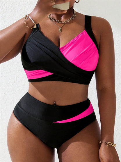 Slaydiva 2026 New Plus Size Women 2-Piece Print Patchwork Ruched Camisole Separates Swimsuit Set, Summer Beach Vacation, Boho Women's Beach Swimwear, Orange