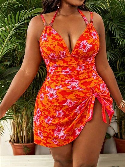 Slaydiva 2026 New Plus Size Women Deep Neck Hibiscus Floral Print Swimsuit, Orange Summer Boho Sexy Tropical Beach Vacation Holiday Elegant Ladies Swimwear