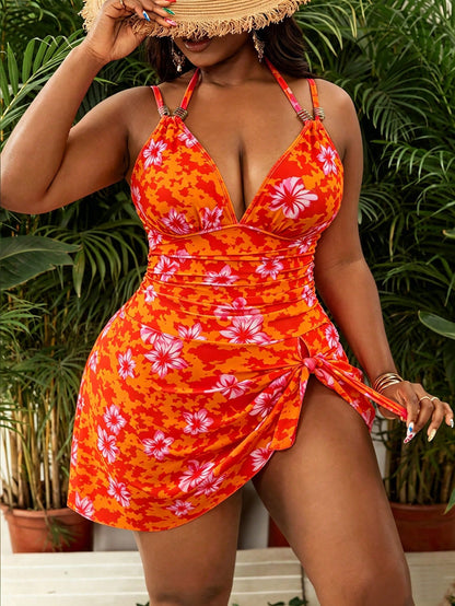 Slaydiva 2026 New Plus Size Women Deep Neck Hibiscus Floral Print Swimsuit, Orange Summer Boho Sexy Tropical Beach Vacation Holiday Elegant Ladies Swimwear