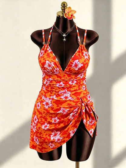 Slaydiva 2026 New Plus Size Women Deep Neck Hibiscus Floral Print Swimsuit, Orange Summer Boho Sexy Tropical Beach Vacation Holiday Elegant Ladies Swimwear