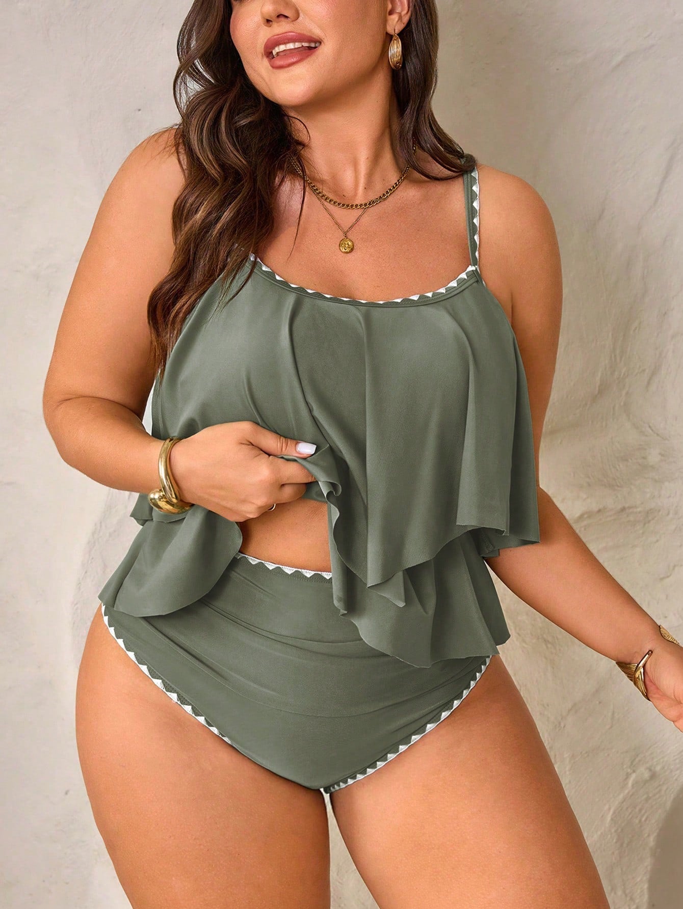 Slaydiva 2026 Plus Size Women 2-Piece Set Blush Pink Orange Ruffle Round Neck Top With Leaf Print Triangle Bikini Bottom, Beach Vacation Summer Party Wear