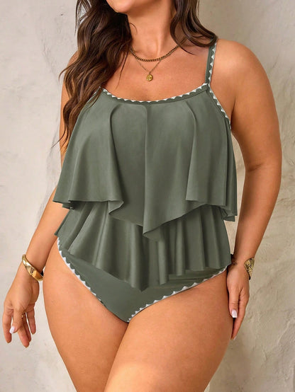 Slaydiva 2026 Plus Size Women 2-Piece Set Blush Pink Orange Ruffle Round Neck Top With Leaf Print Triangle Bikini Bottom, Beach Vacation Summer Party Wear