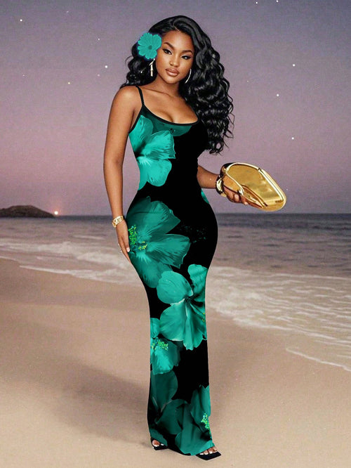 Slaydiva 2026 Plus Size Women Floral Print Fitted Vacation Dress Women's Spaghetti Strap Beach Black With Flowers Maxi Long