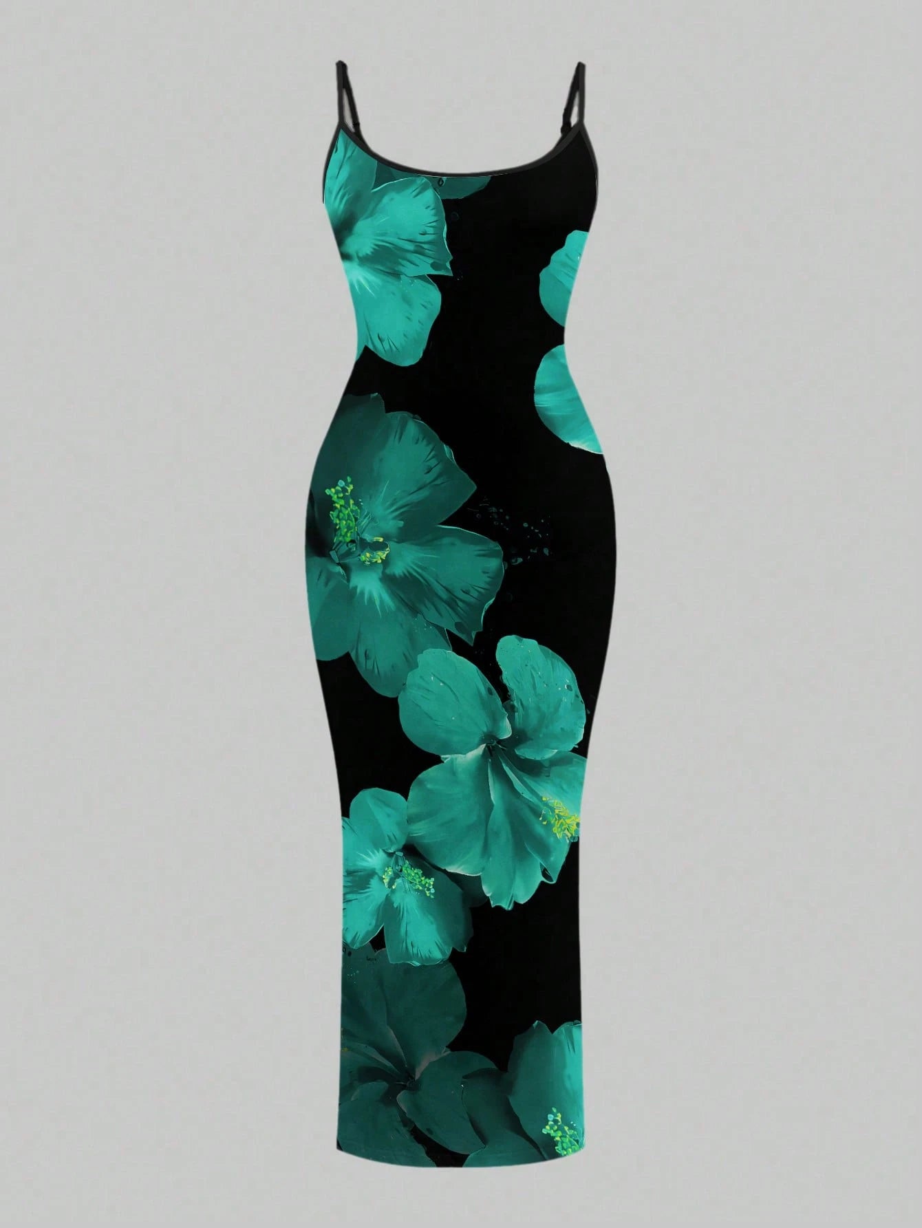 Slaydiva 2026 Plus Size Women Floral Print Fitted Vacation Dress Women's Spaghetti Strap Beach Black With Flowers Maxi Long