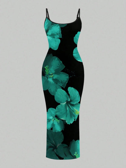 Slaydiva 2026 Plus Size Women Floral Print Fitted Vacation Dress Women's Spaghetti Strap Beach Black With Flowers Maxi Long