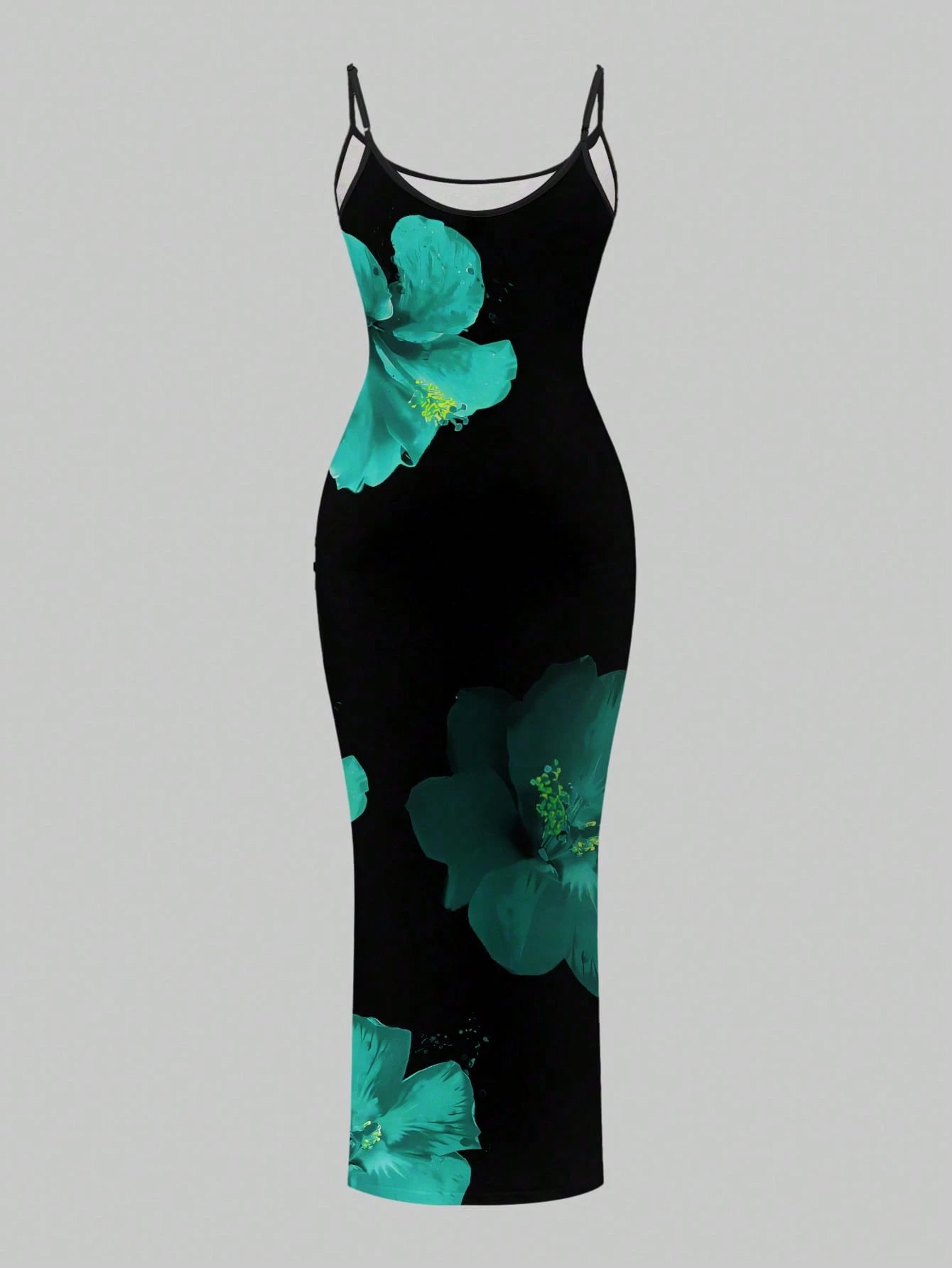 Slaydiva 2026 Plus Size Women Floral Print Fitted Vacation Dress Women's Spaghetti Strap Beach Black With Flowers Maxi Long