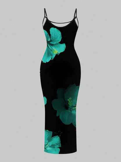 Slaydiva 2026 Plus Size Women Floral Print Fitted Vacation Dress Women's Spaghetti Strap Beach Black With Flowers Maxi Long