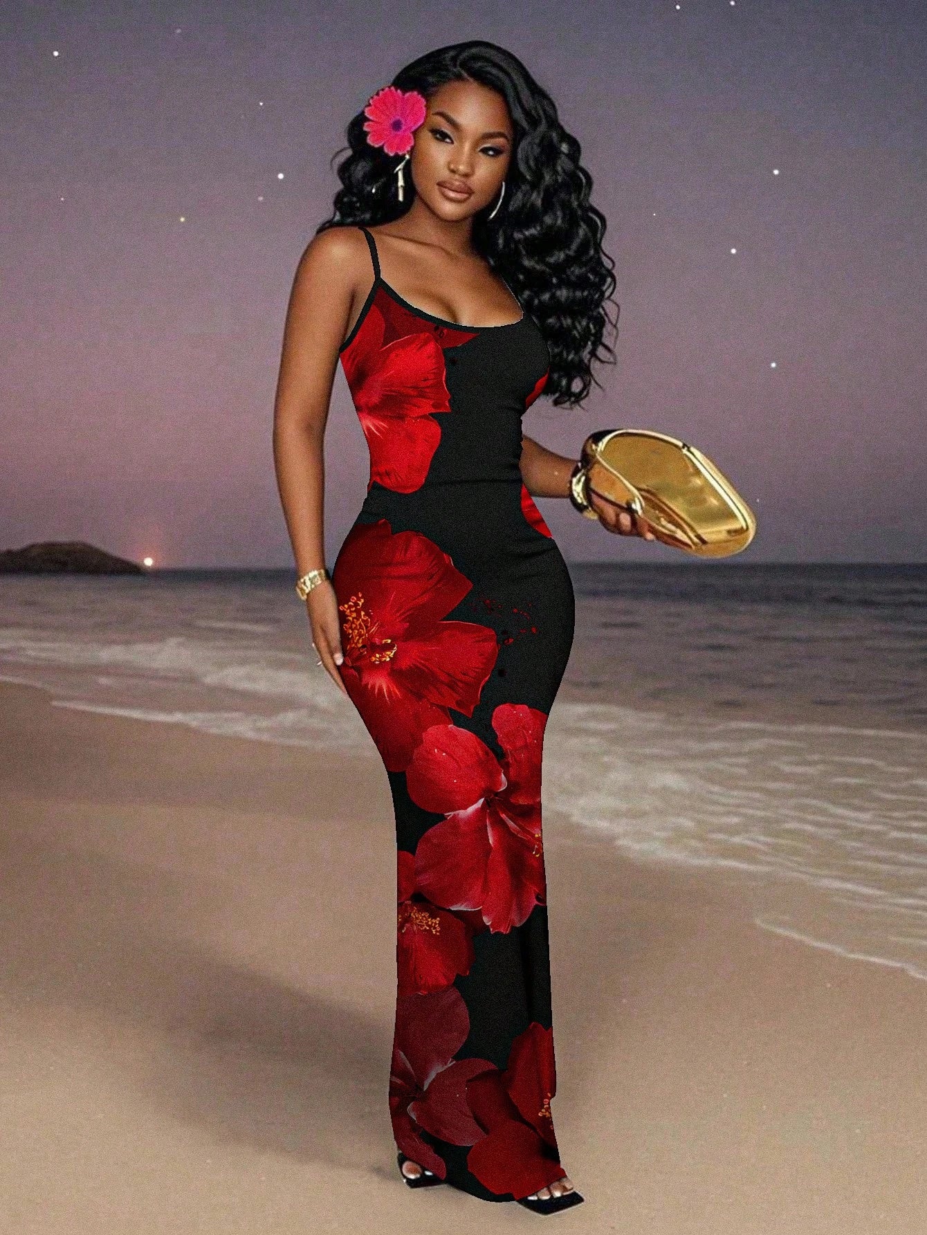 Slaydiva 2026 Plus Size Women Floral Print Fitted Vacation Dress Women's Spaghetti Strap Beach Black With Flowers Maxi Long