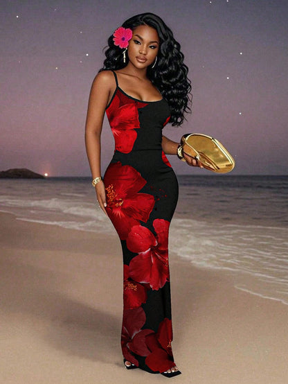 Slaydiva 2026 Plus Size Women Floral Print Fitted Vacation Dress Women's Spaghetti Strap Beach Black With Flowers Maxi Long