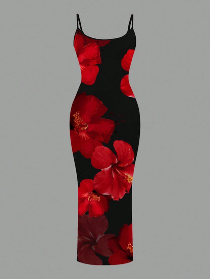 Slaydiva 2026 Plus Size Women Floral Print Fitted Vacation Dress Women's Spaghetti Strap Beach Black With Flowers Maxi Long