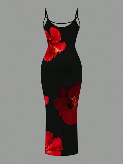 Slaydiva 2026 Plus Size Women Floral Print Fitted Vacation Dress Women's Spaghetti Strap Beach Black With Flowers Maxi Long