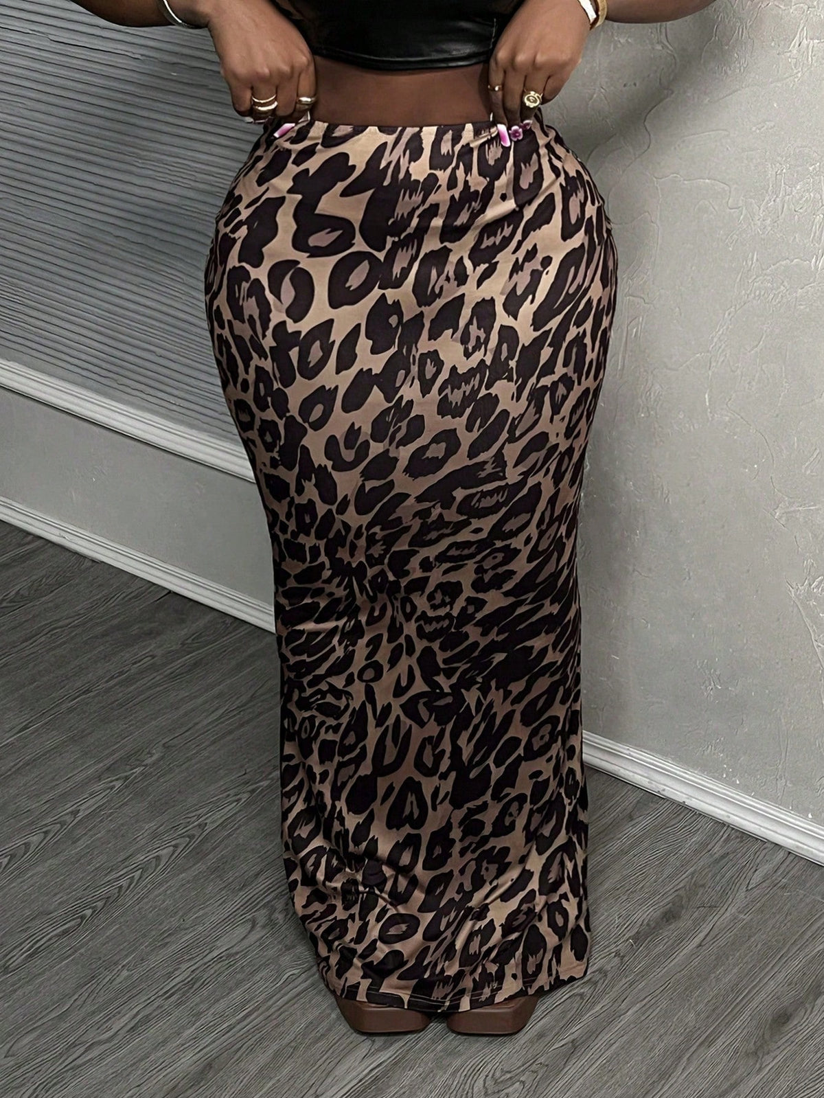 Slaydiva 2pcs/Set Women Leopard Print Bodycon Mermaid Maxi Skirts, Low Waist,Bohemian Clothes Suitable For Going Out Chic Dress