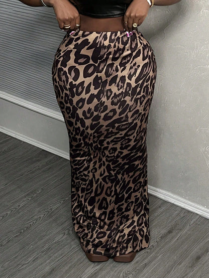 Slaydiva 2pcs/Set Women Leopard Print Bodycon Mermaid Maxi Skirts, Low Waist,Bohemian Clothes Suitable For Going Out Chic Dress