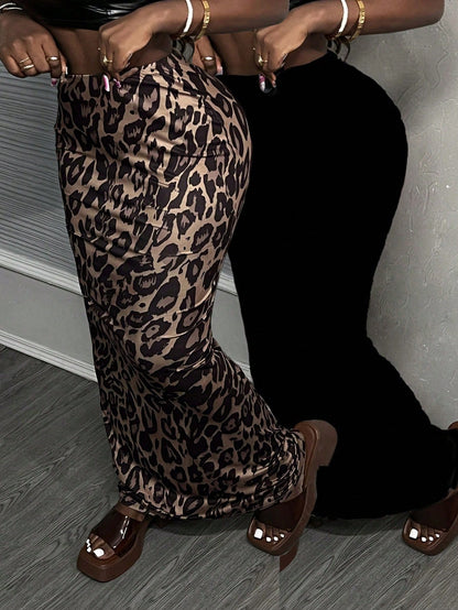 Slaydiva 2pcs/Set Women Leopard Print Bodycon Mermaid Maxi Skirts, Low Waist,Bohemian Clothes Suitable For Going Out Chic Dress