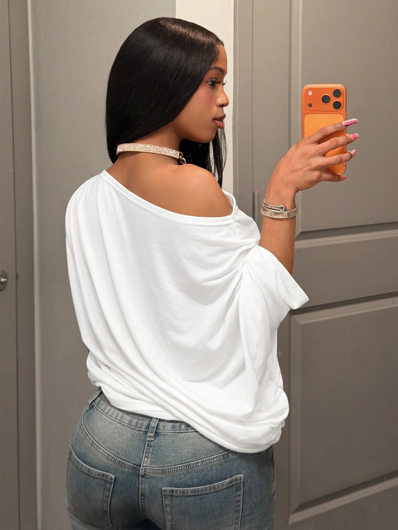 Slaydiva Autumn New Women's Plus Size All White Silky One Shoulder Blouse Loose Batwing Sleeve Top Smart Casual Night Formal Holiday Party Club Beach Vacation
