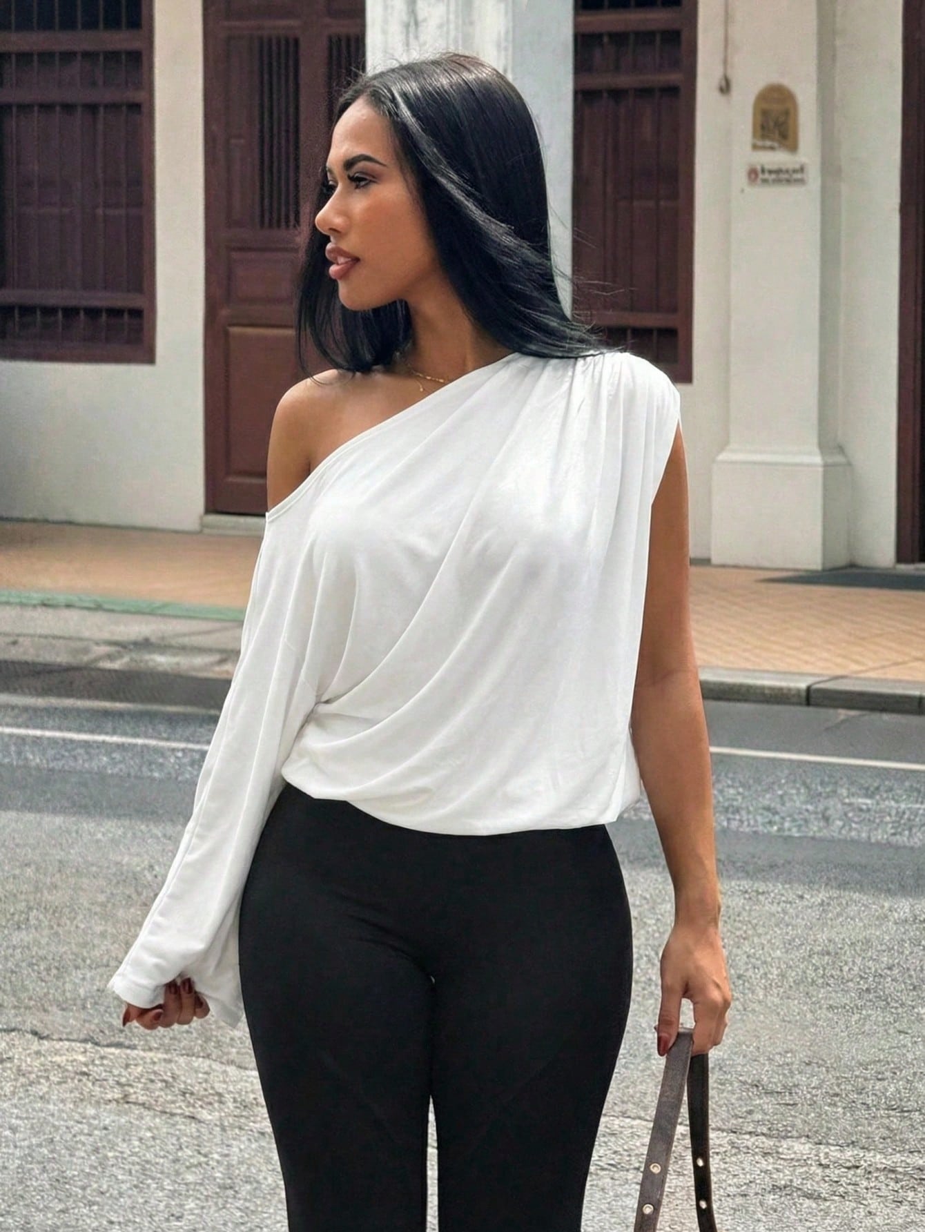 Slaydiva Autumn New Women's Plus Size All White Silky One Shoulder Blouse Loose Batwing Sleeve Top Smart Casual Night Formal Holiday Party Club Beach Vacation
