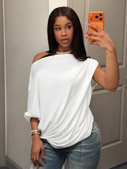 Slaydiva Autumn New Women's Plus Size All White Silky One Shoulder Blouse Loose Batwing Sleeve Top Smart Casual Night Formal Holiday Party Club Beach Vacation