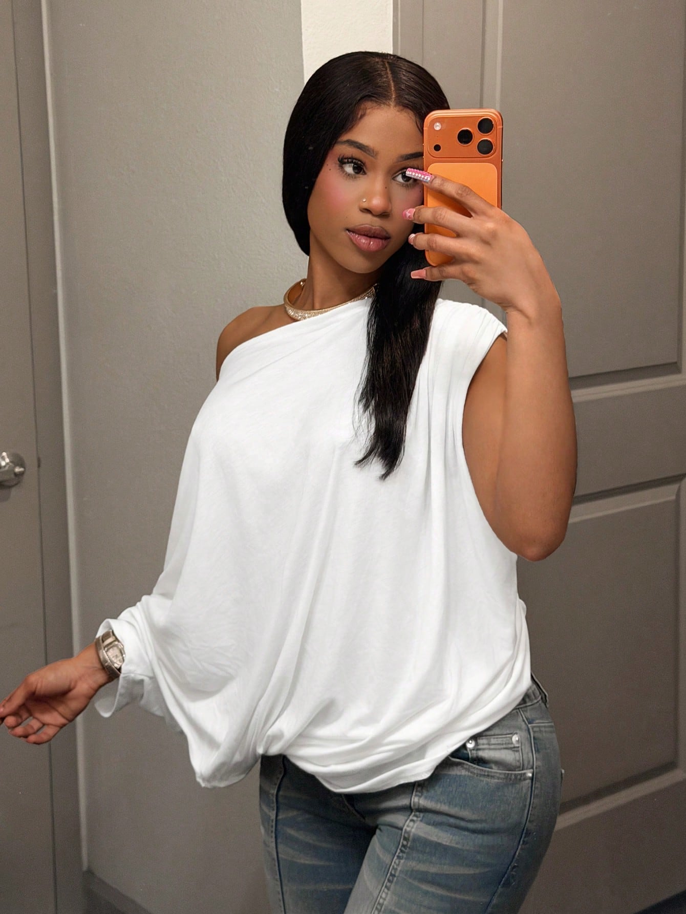 Slaydiva Autumn New Women's Plus Size All White Silky One Shoulder Blouse Loose Batwing Sleeve Top Smart Casual Night Formal Holiday Party Club Beach Vacation