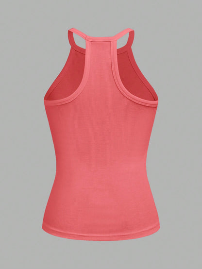 Slaydiva Coral Pink,Summer,Casual,City Break Women Ribbed Tank Top,Basic Versatile Crew Neck Racer Back Off-Shoulder Sleeveless Shirt For Yoga&Vacation