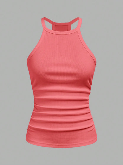 Slaydiva Coral Pink,Summer,Casual,City Break Women Ribbed Tank Top,Basic Versatile Crew Neck Racer Back Off-Shoulder Sleeveless Shirt For Yoga&Vacation