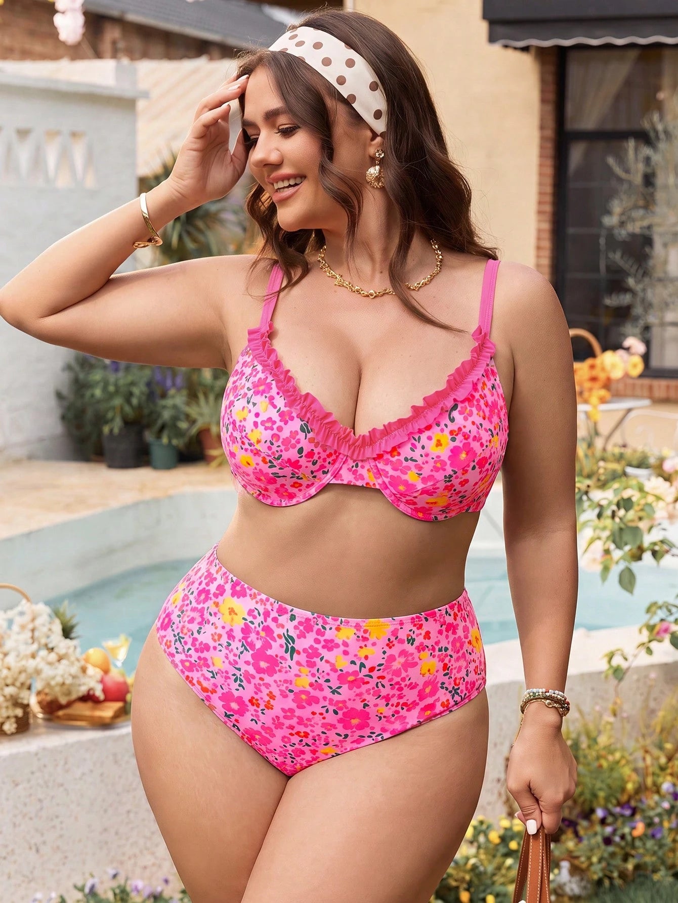 Slaydiva European & American Plus Size Underwire Push-Up Swimsuit Set, Vintage Polka Dot Soft Cup Bikini