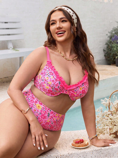 Slaydiva European & American Plus Size Underwire Push-Up Swimsuit Set, Vintage Polka Dot Soft Cup Bikini