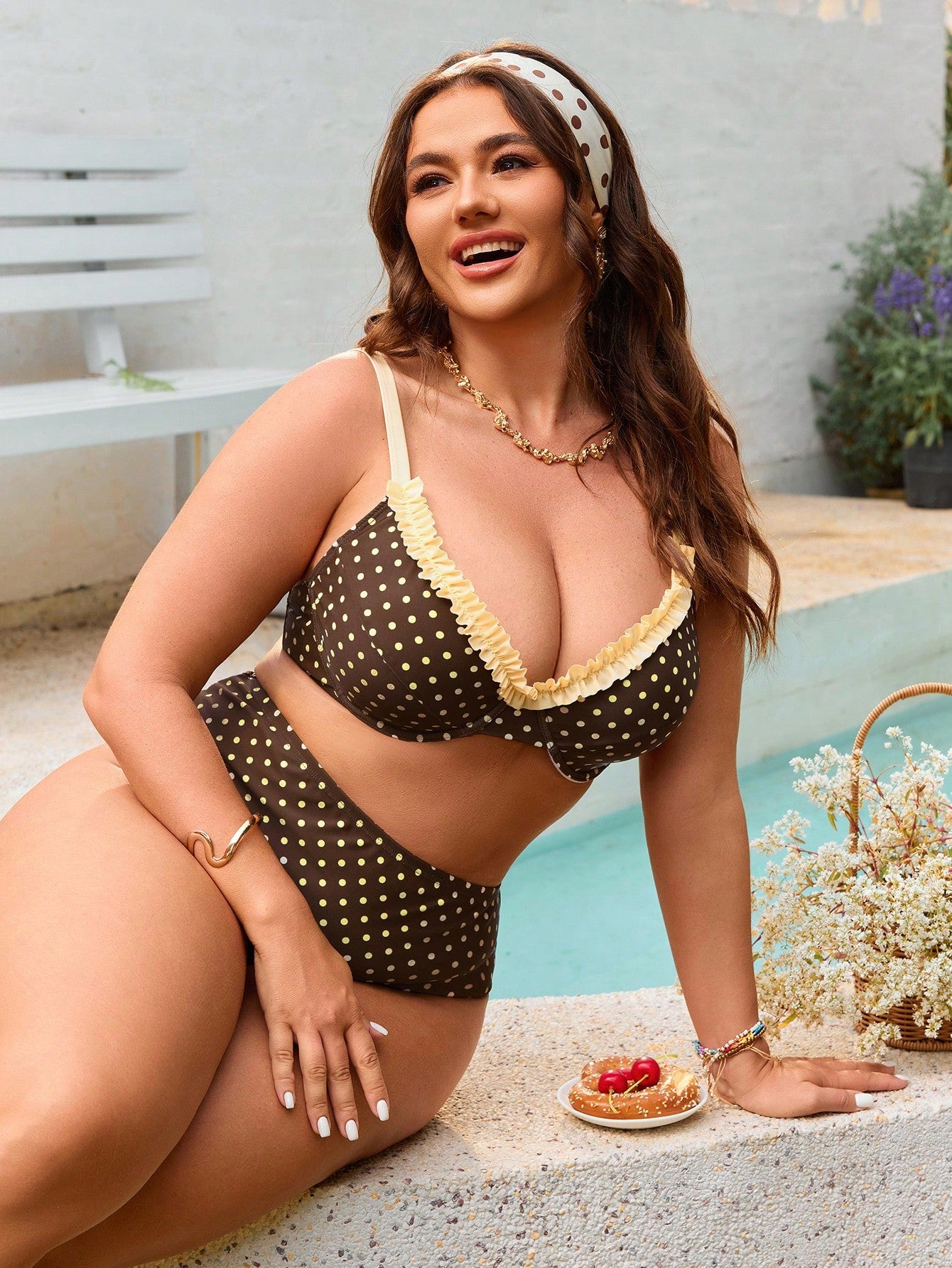 Slaydiva European & American Plus Size Underwire Push-Up Swimsuit Set, Vintage Polka Dot Soft Cup Bikini