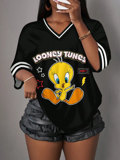 Slaydiva LOONEY TUNES X Casual Minimalist V-Neck Plus Size Black T-Shirt, Suitable For Summer Holiday Semi Formal Tennis