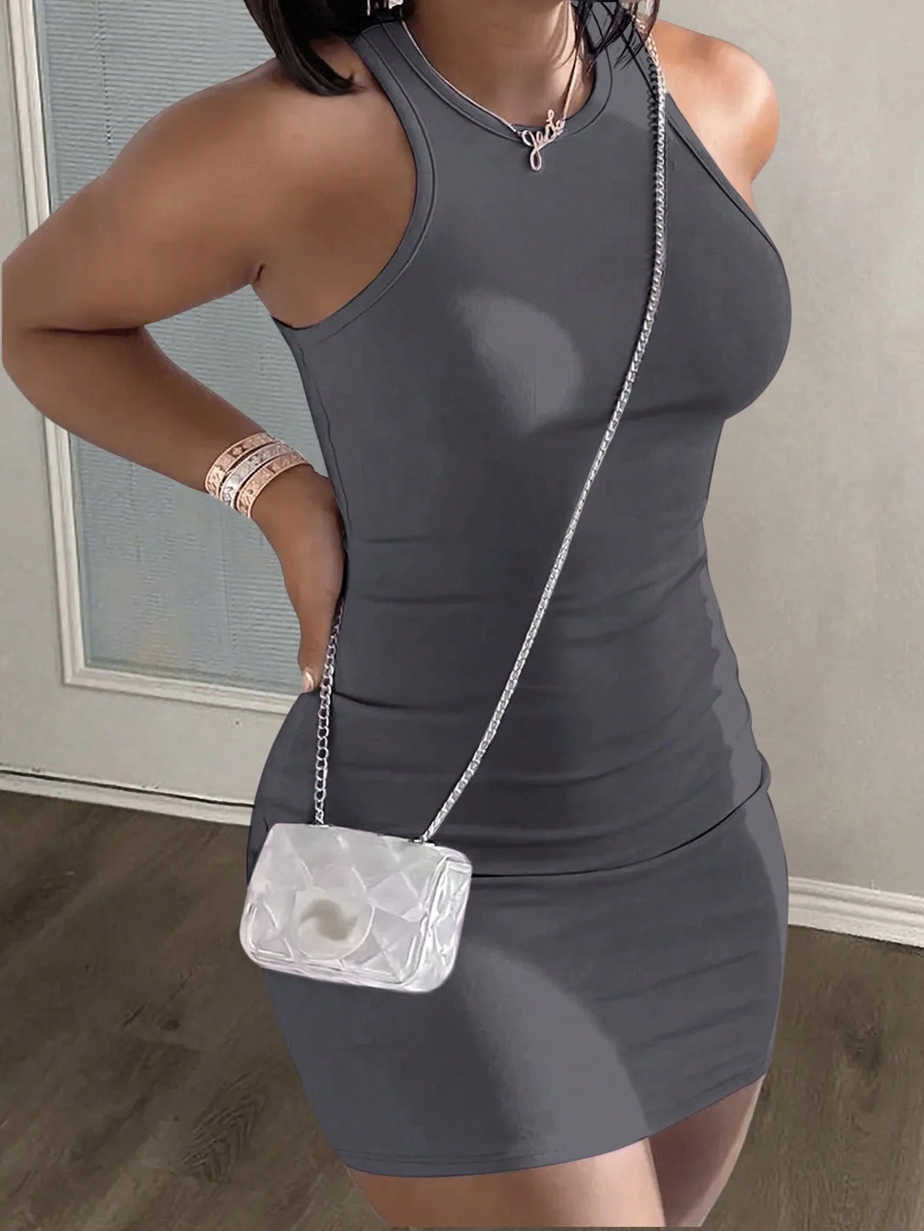 Slaydiva Minimalist Casual Basic Sleeveless Round Neck Tight Fit Lavender Mini Knit Dress- C,Dresses For Women Summer