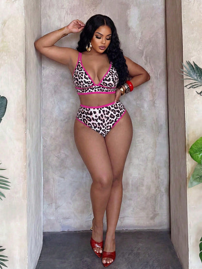 Slaydiva Plus Size 2026 New Leopard Print Contrast Trim Sexy Bikini Set, 2 Pieces Women Beach Vacation Outfit