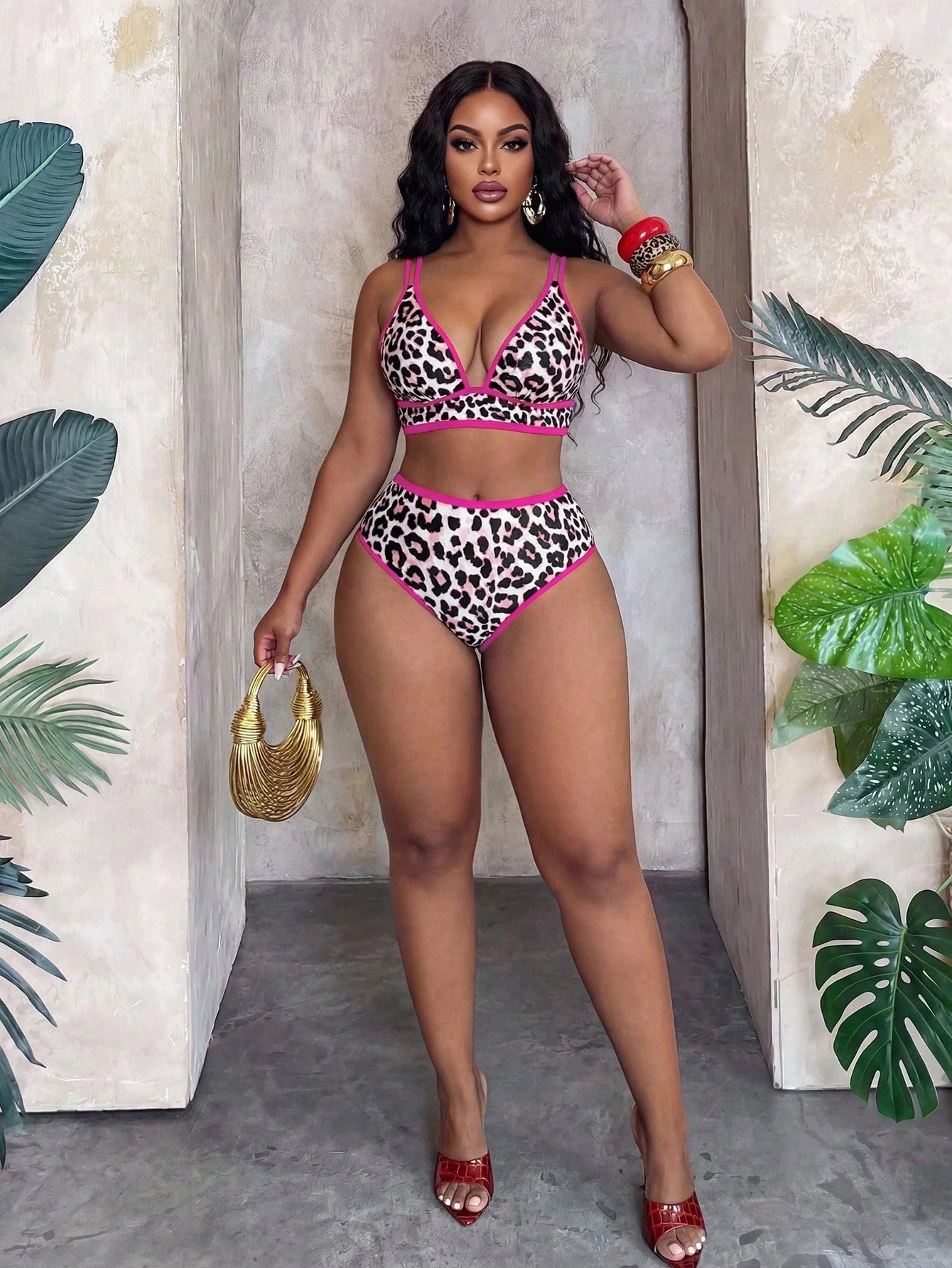Slaydiva Plus Size 2026 New Leopard Print Contrast Trim Sexy Bikini Set, 2 Pieces Women Beach Vacation Outfit