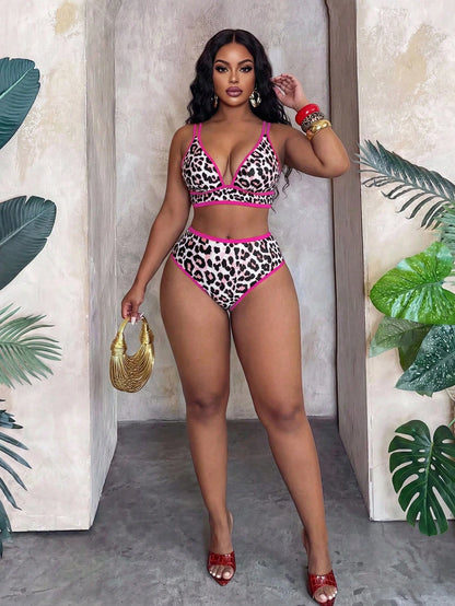 Slaydiva Plus Size 2026 New Leopard Print Contrast Trim Sexy Bikini Set, 2 Pieces Women Beach Vacation Outfit