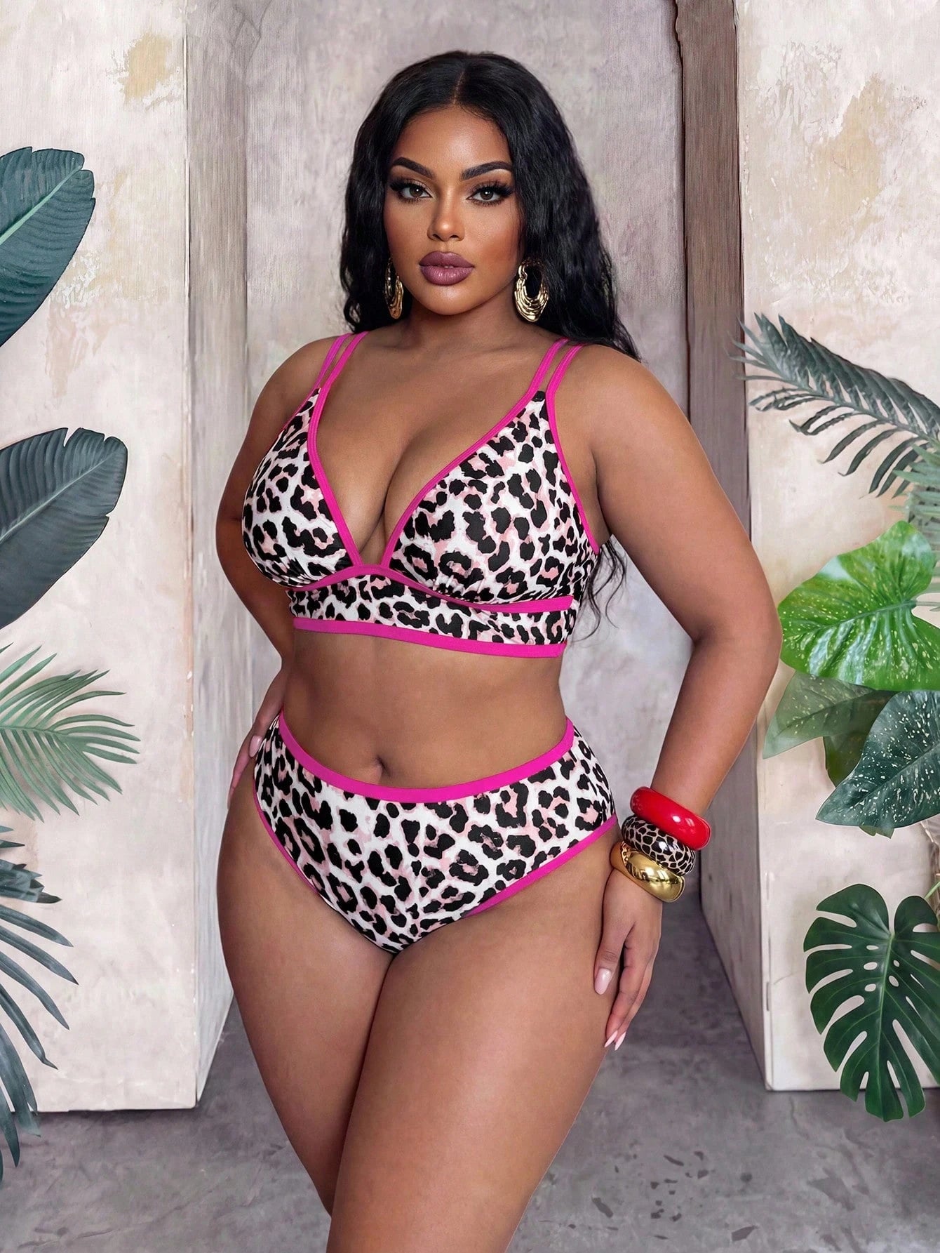 Slaydiva Plus Size 2026 New Leopard Print Contrast Trim Sexy Bikini Set, 2 Pieces Women Beach Vacation Outfit