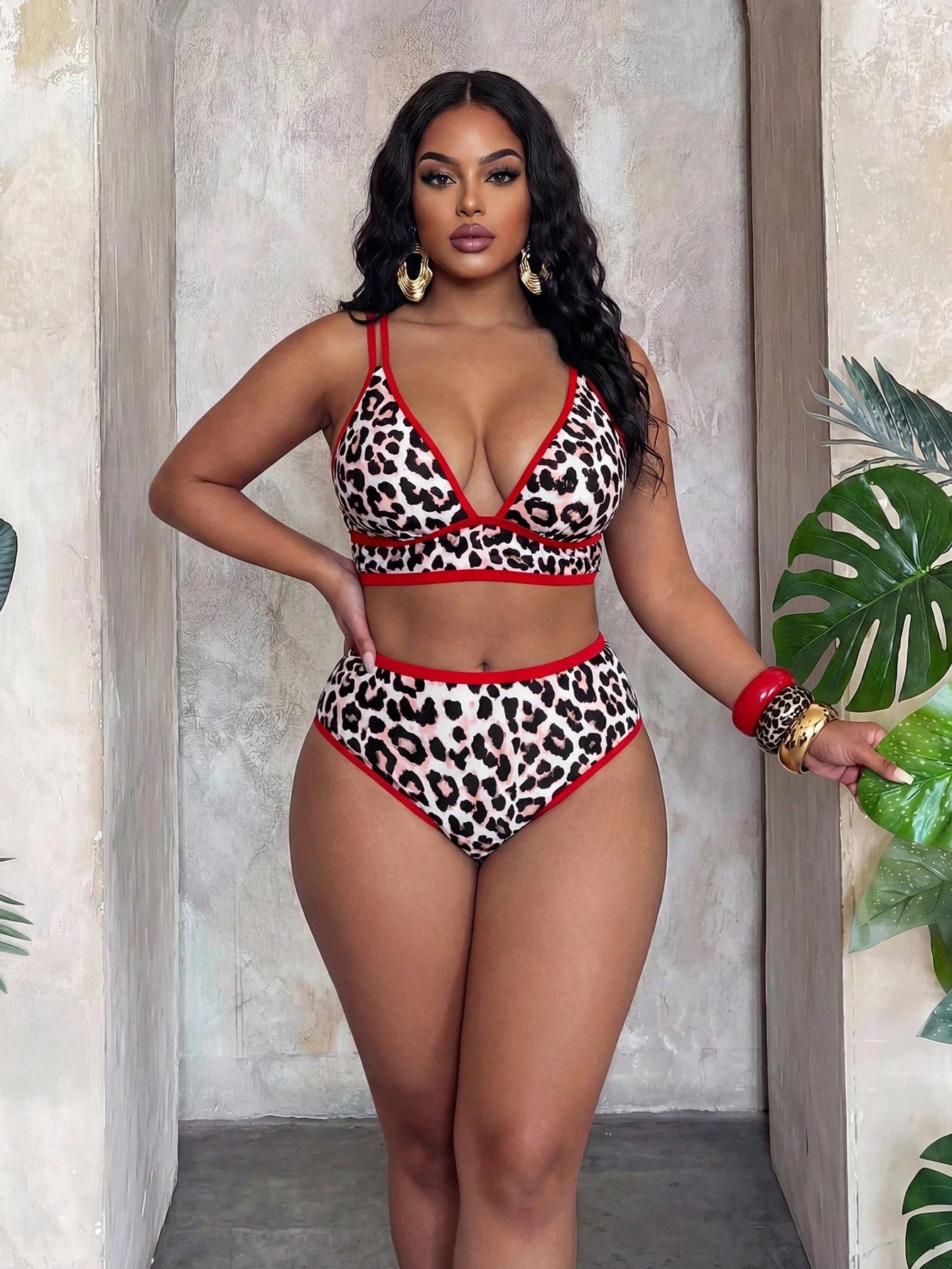 Slaydiva Plus Size 2026 New Leopard Print Contrast Trim Sexy Bikini Set, 2 Pieces Women Beach Vacation Outfit