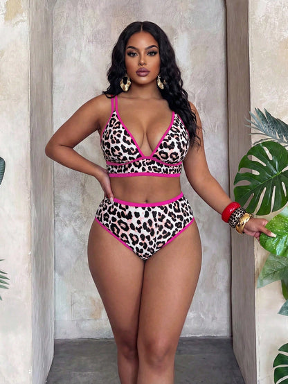 Slaydiva Plus Size 2026 New Leopard Print Contrast Trim Sexy Bikini Set, 2 Pieces Women Beach Vacation Outfit
