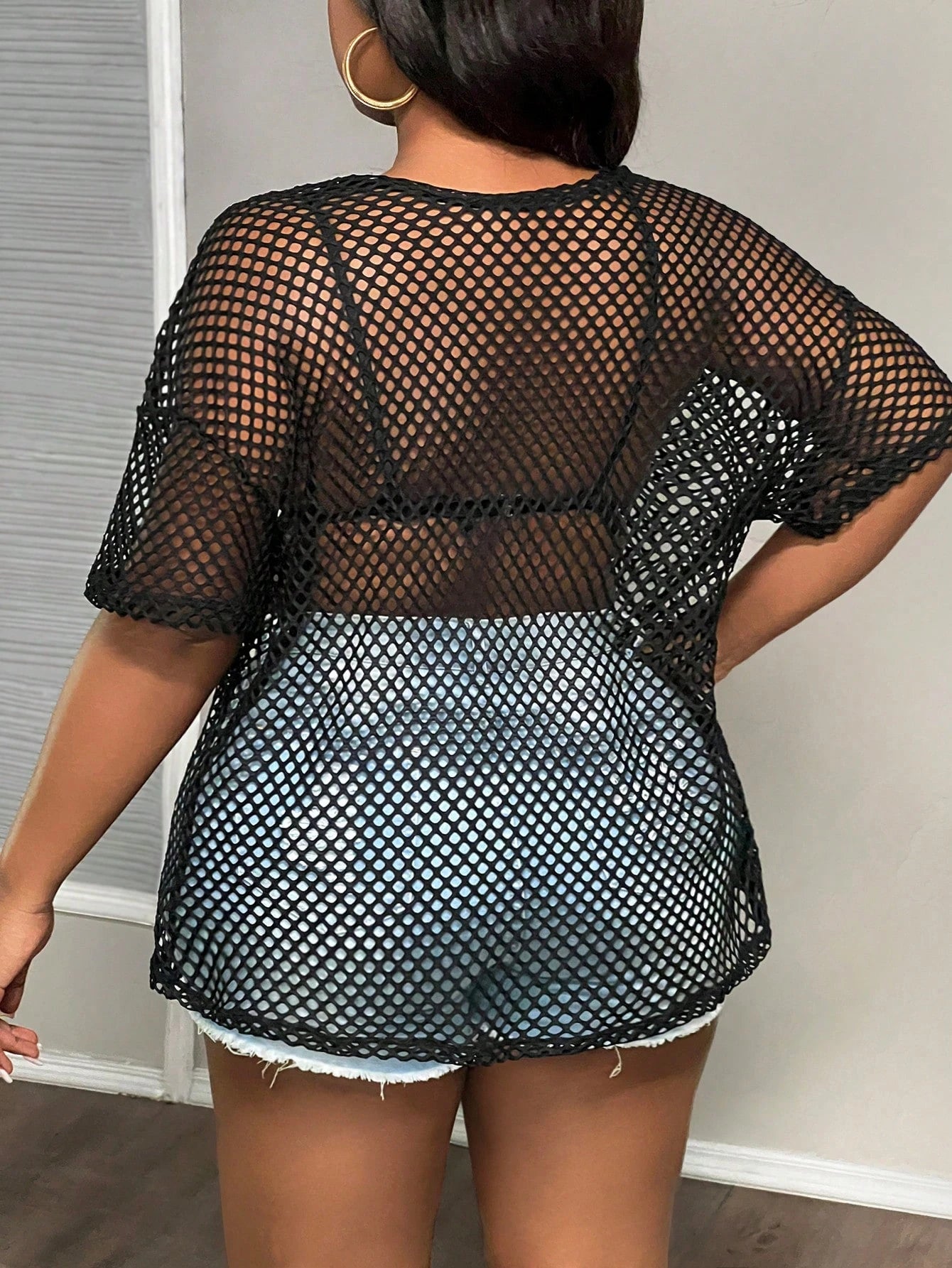 Slaydiva Plus Size Casual Sexy Streetwear Black See-Through Loose Half Sleeve Round Neck Regular T-Shirt, Summer Date Night Cocktail