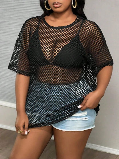 Slaydiva Plus Size Casual Sexy Streetwear Black See-Through Loose Half Sleeve Round Neck Regular T-Shirt, Summer Date Night Cocktail